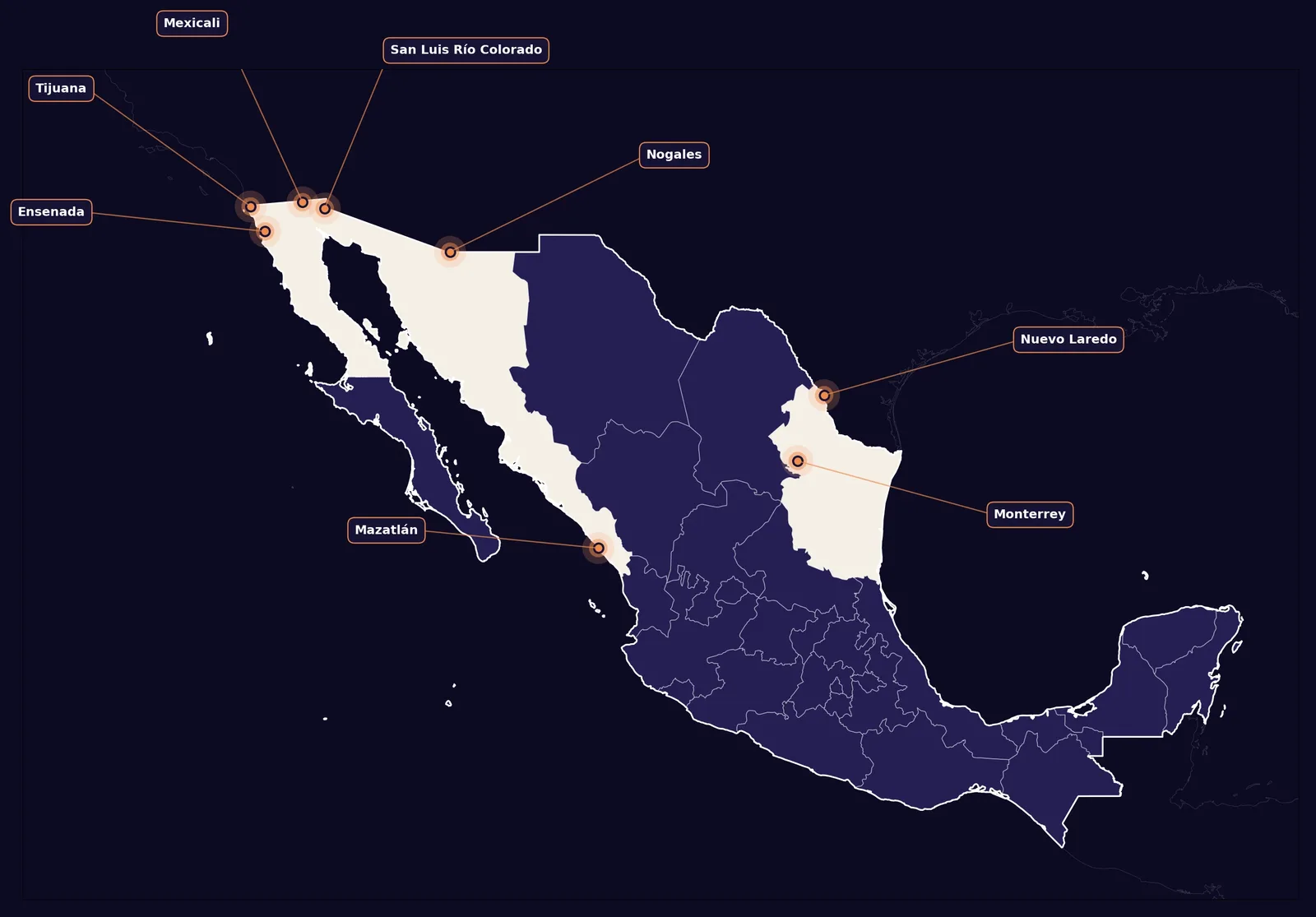 Mapa de cobertura binacional: ocho aduanas en México y operación cross-border